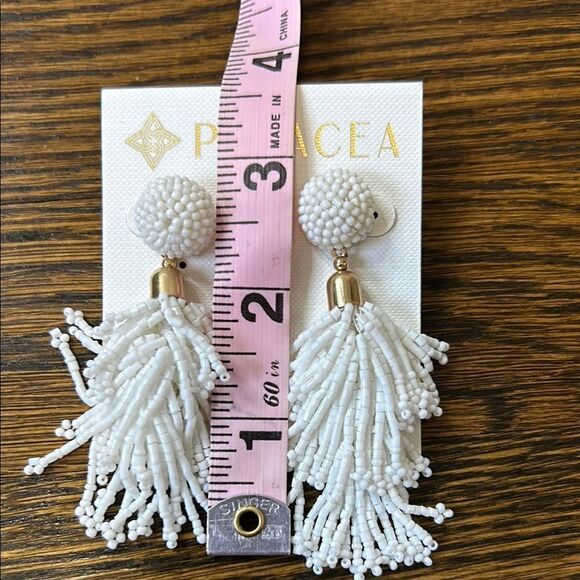 NWOT-Panacea White Beaded Tassel Earrings - Picture 3 of 3
